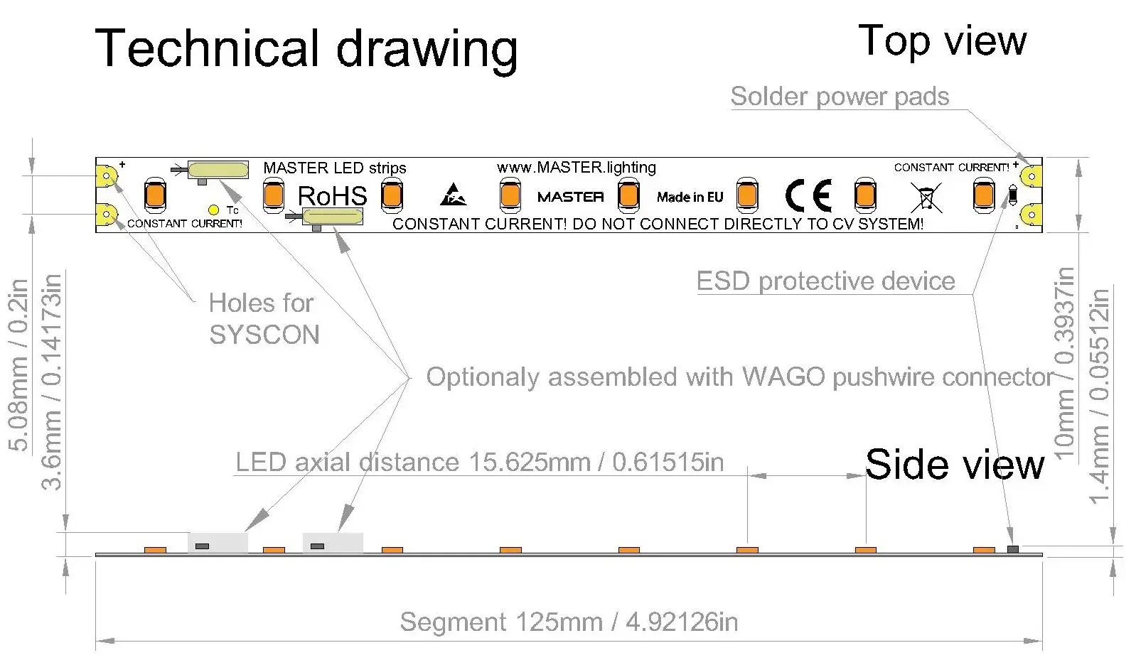 Low voltage 22V LED strip constant current design with 8 LEDs per segment in series with 22-23V forward voltage technical drawing