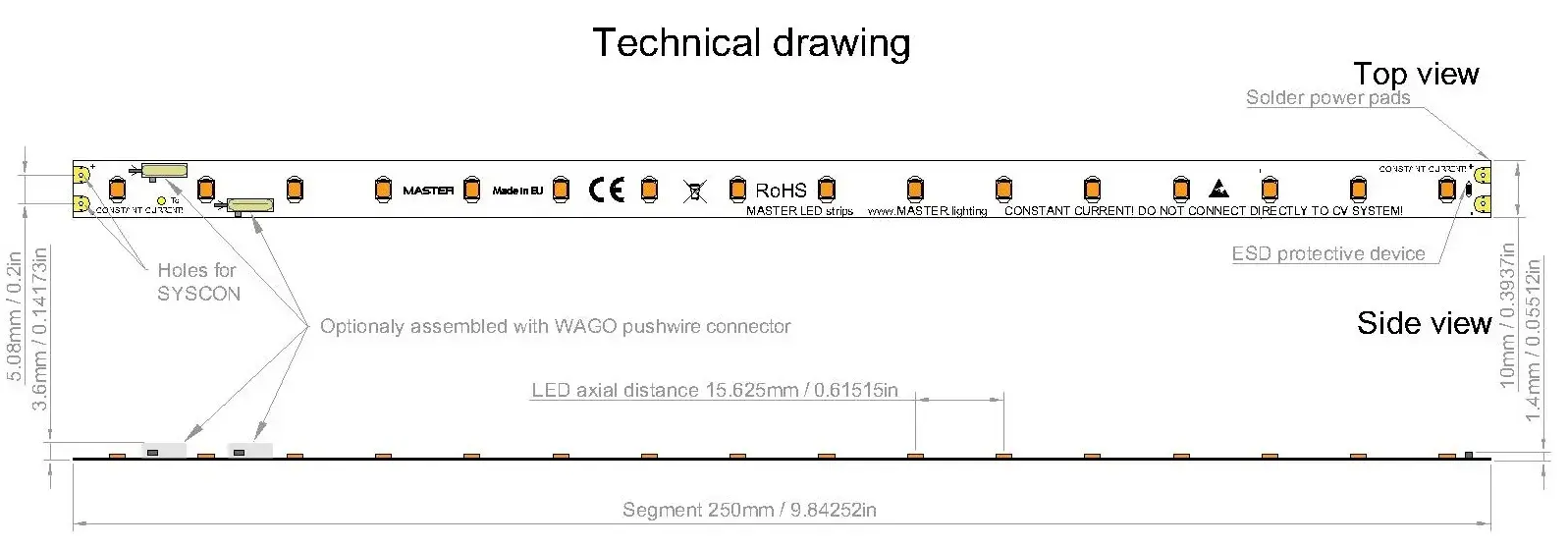 High voltage 44-45V LED strip constant current design with 16 LEDs per segment in series with 42-43V forward voltage technical drawing