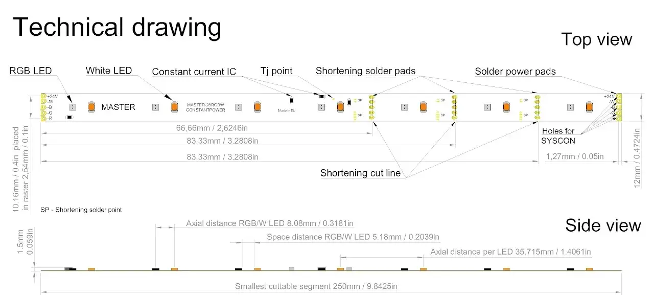 28RGBW LED strip with independent RGB and white LEDs . Segment technical drawing