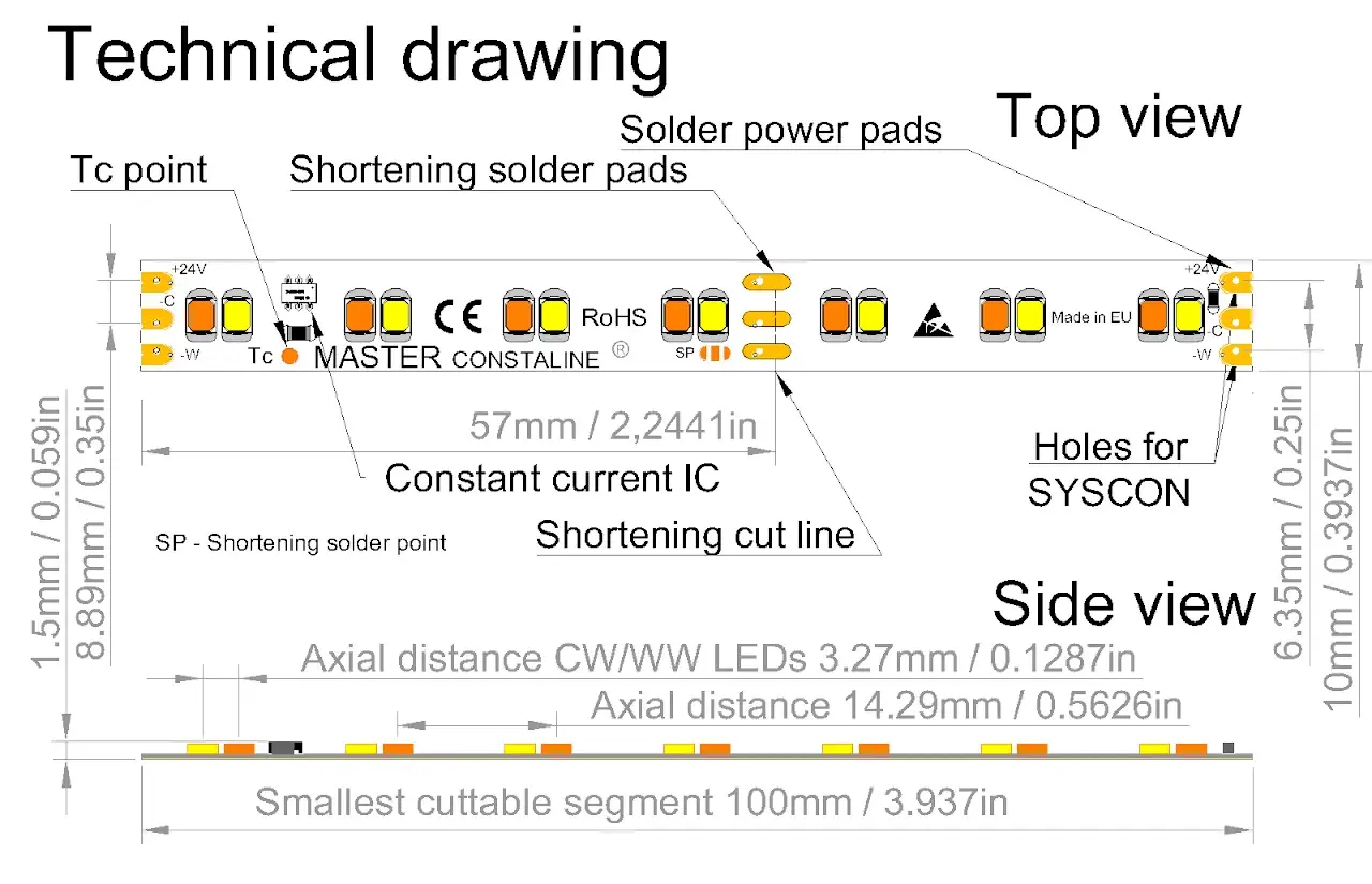 CCT adjustable LED strip BIO70 constaline segment with dimensions