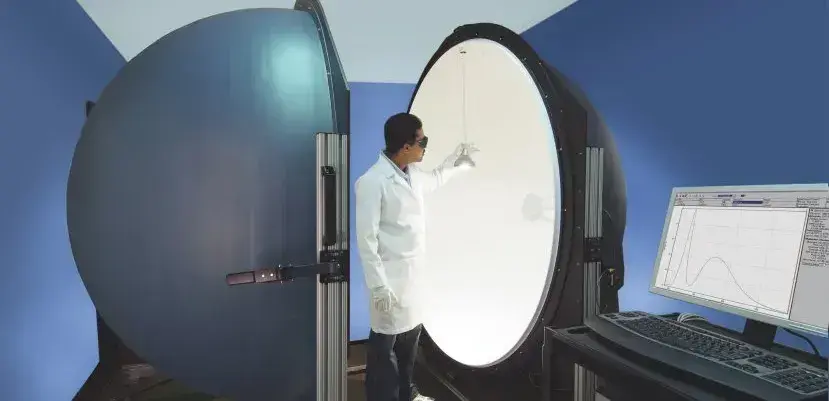 Integrating spehere Large Integrating sphere with person inside it showing Laboratory testing and measuring of light sources