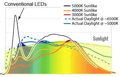 SSC LED s SUNLIKE spectrum compared to standard sunlight or conventional LEDs