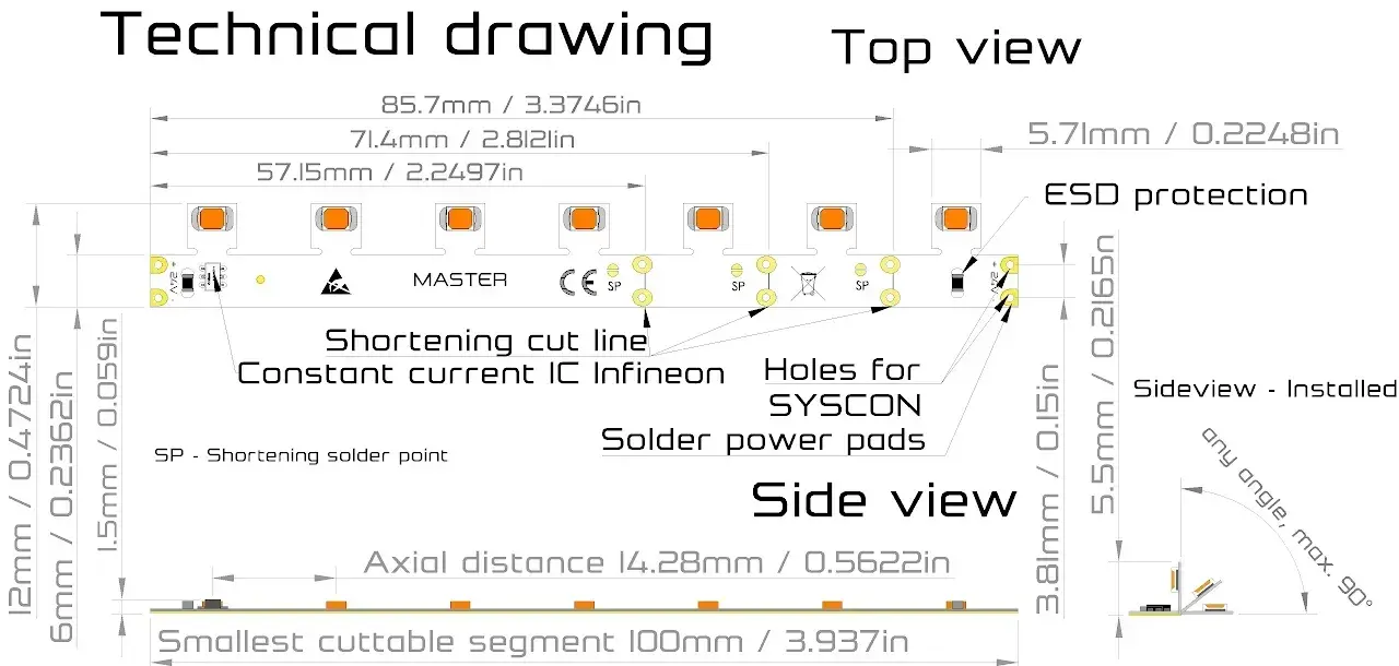 Sideview LED strip Technical drawing segemnt view