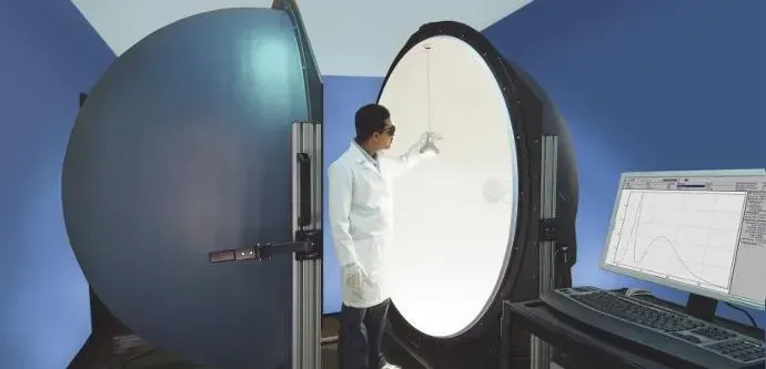 Large Integrating sphere with person inside it showing Laboratory testing and measuring of light sources