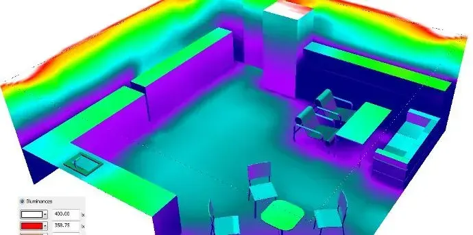 Dialux 3D light simulation rendered in false colours. Interior lighting
