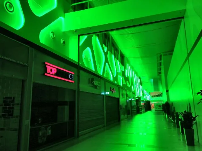 Green enlighted RGBW LED linear interior commercial centre LED lighting in AVION Shopping centre mall